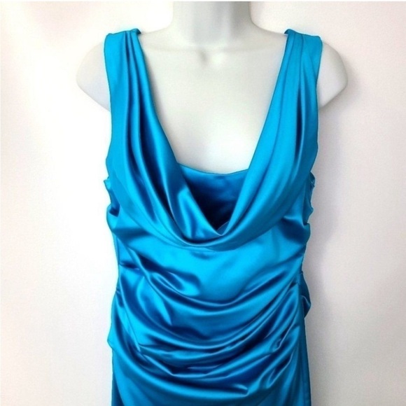 David’s Bridal Malibu Blue Satin Ruched Draped Neck Dress Size 8 - Picture 5 of 11